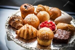 focused 154244478 stock photo cakes and pastries on silver