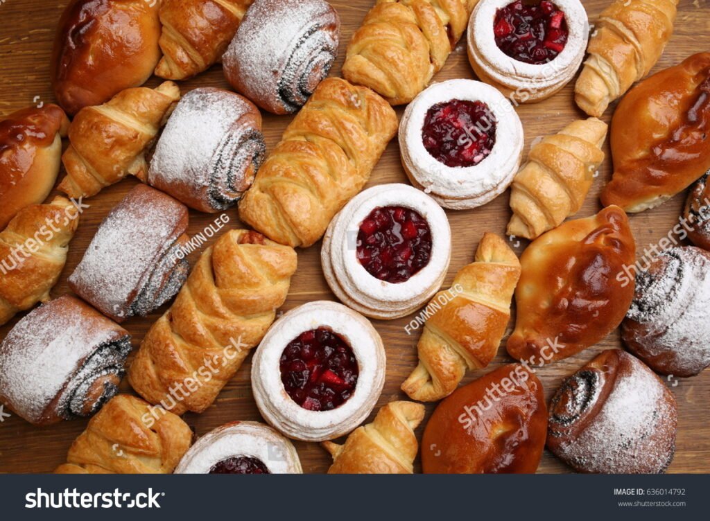 stock photo sweet pastries puff pastry powdered sugar nuts jams baked apples 636014792